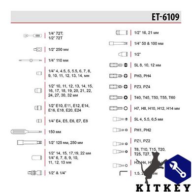 Набор инструментов профессиональный c 12-гранными головками 1/2" & 1/4", 108ед., Cr-V INTERTOOL ET-6109