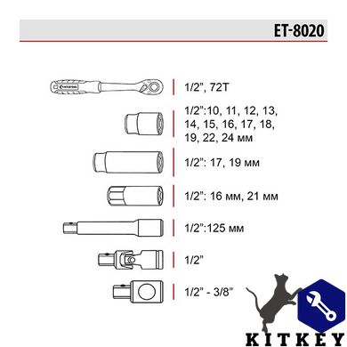 Набір інструментів 1/2 ", 20 од., Cr-V INTERTOOL ET-8020