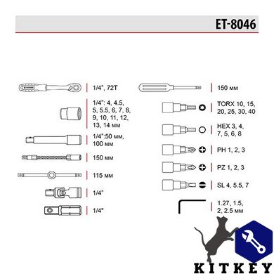 Набір інструментів 1/4 ", 46 од., Cr-V INTERTOOL ET-8046