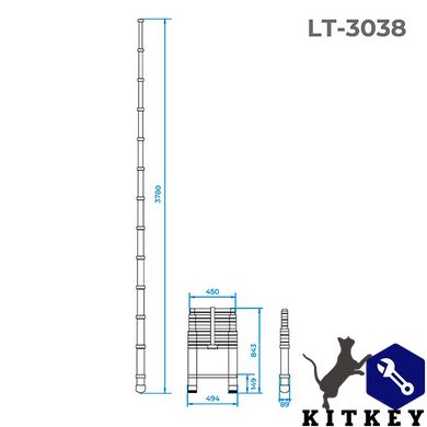 Лестница алюминиевая телескопическая 12 ступ., 3,80 м INTERTOOL LT-3038