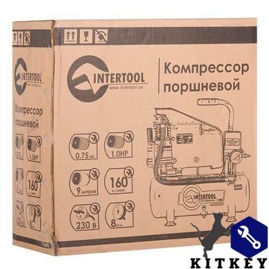 Компрессор 9 л, 0.75 кВт, 220 В, 8 атм, 160 л/мин INTERTOOL PT-0002